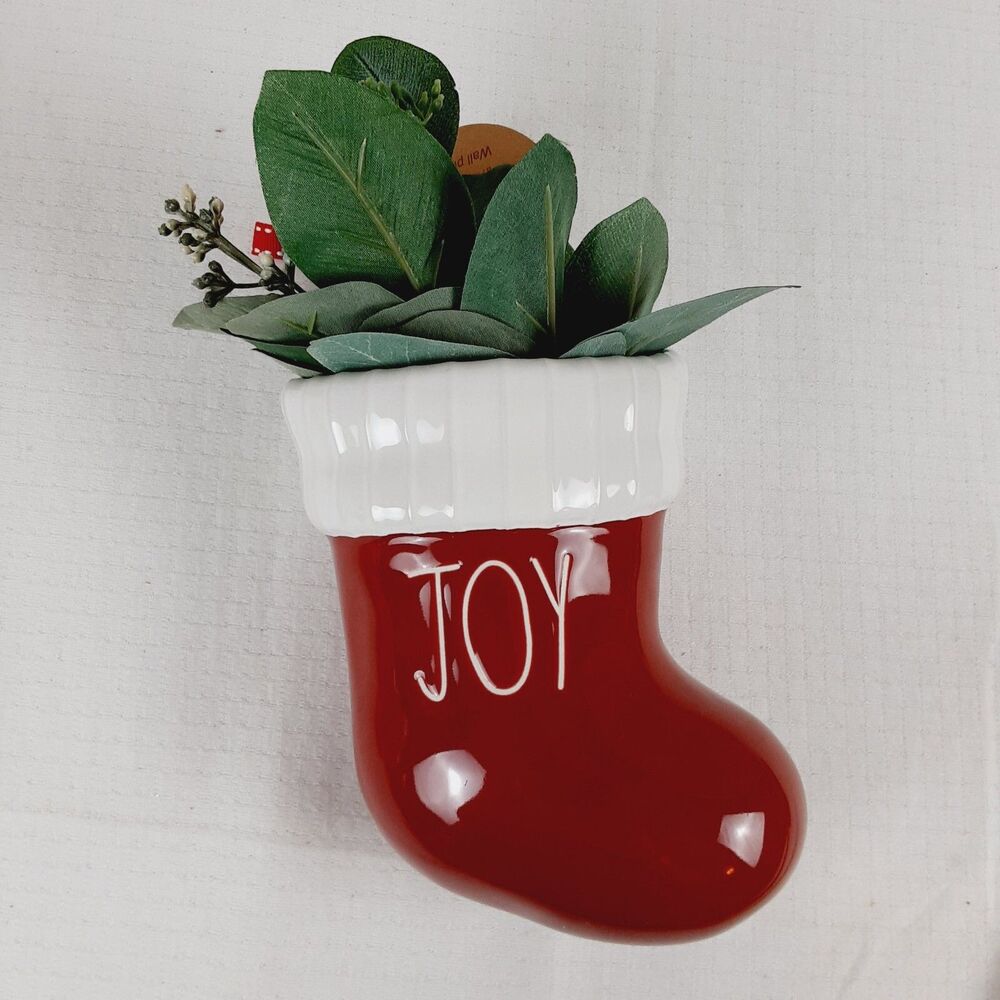Rae Dunn Artisan Collection JOY Christmas Ceramic Stocking Plant Holder Decor
